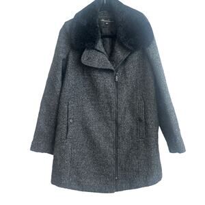 Kenneth Cole Smokey Gray Wool Blend Fux Fur Collar Zip Up Coat